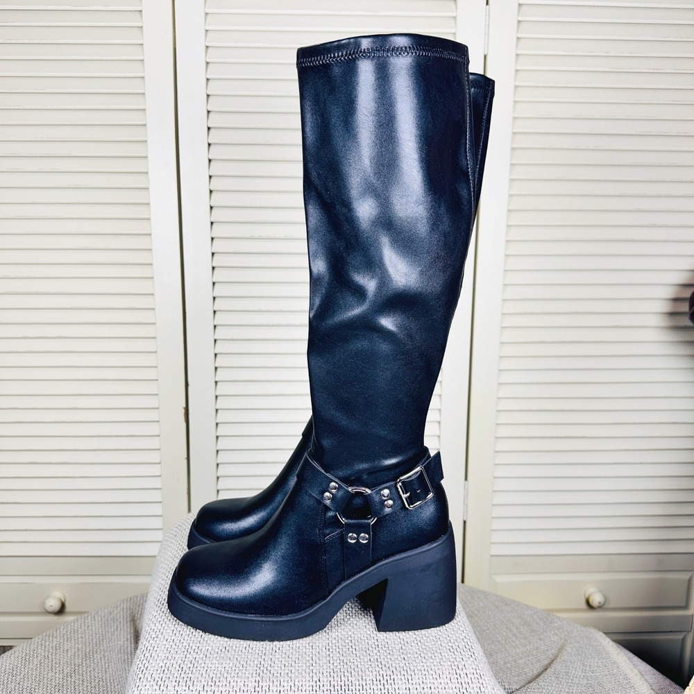 Madden NY Edgy Black Knee High Harness Platform Buckle Boots Block Heel Size 9